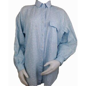 Henry Grethel Button Up Top Womens 14 Blue Floral Toile Print 80s Cotton Shirt